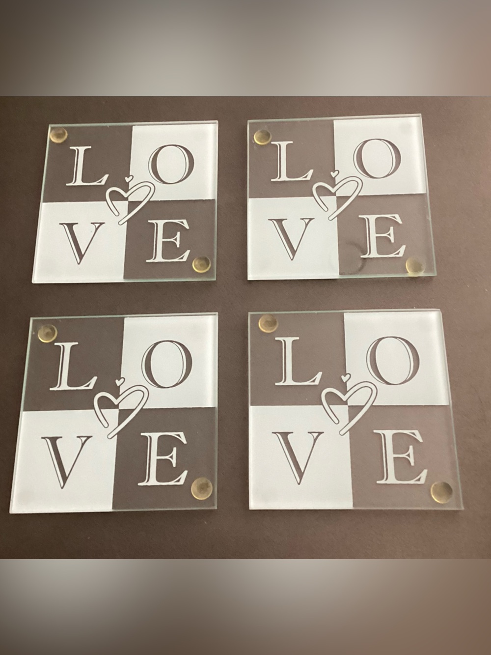 Set of 4 “LOVE” GLASS COASTERS - Heart Design